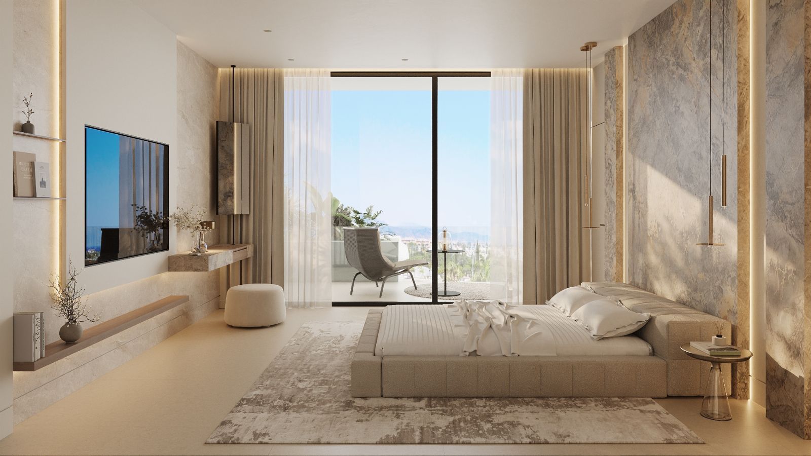 Modern living room with large windows, city view, and minimalist decor.