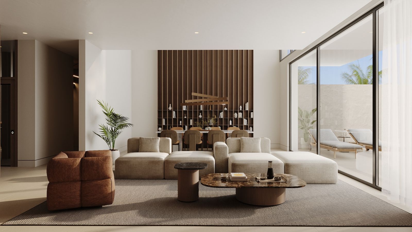 Modern living room with large glass windows, outdoor view, and minimalist furniture.