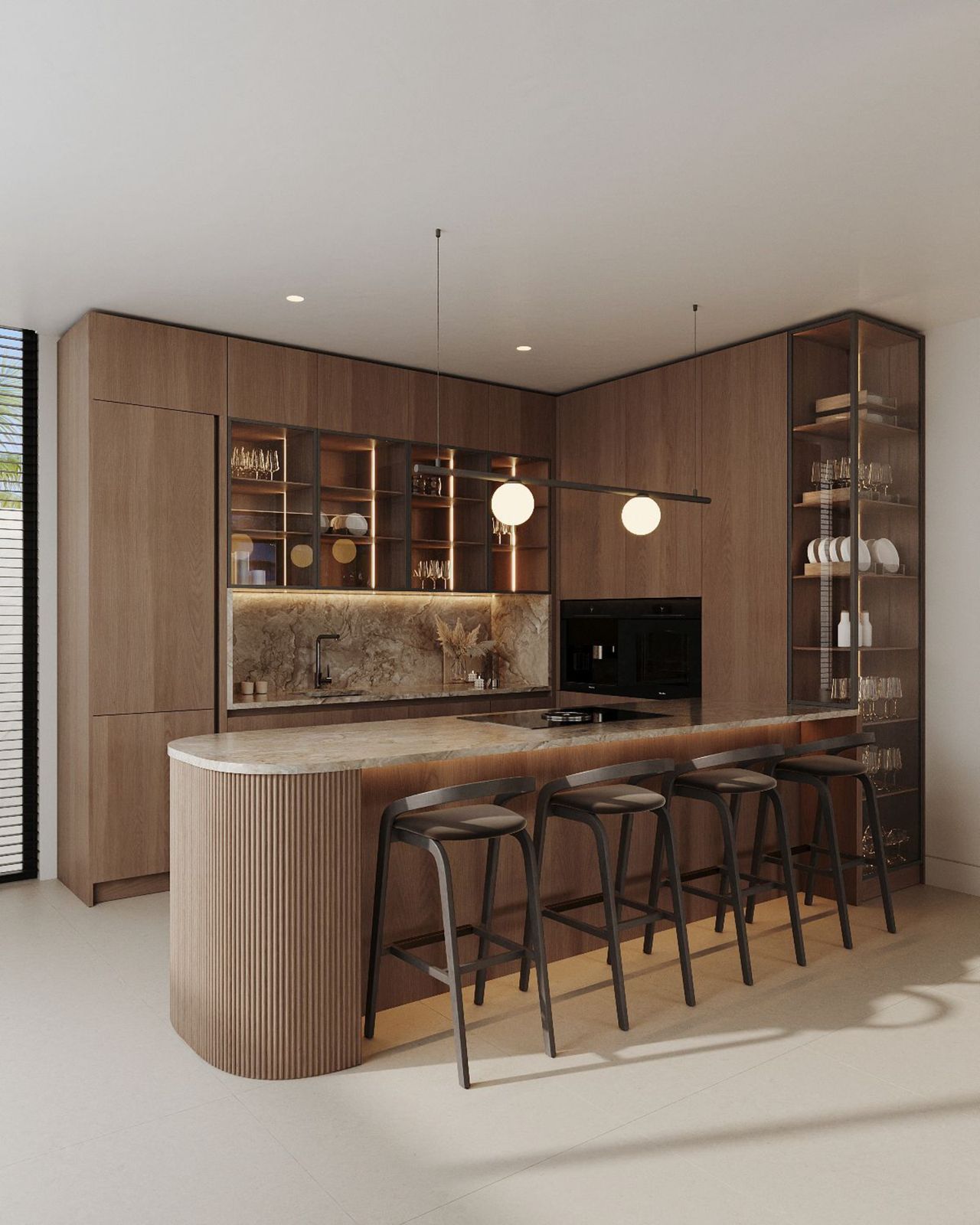 Modern kitchen with island, bar stools, and built-in appliances.